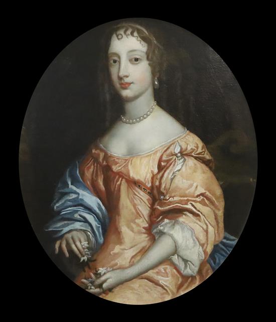 Manner of Sir Peter Lely (1618-1680) Portrait of a lady wearing a pearl necklace and silk dress oval, 28 x 24in.